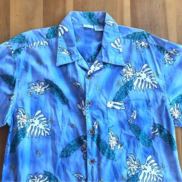 Vintage Men's Hawaiian Shirt Blue Hibiscus Ocean Pacific OP Floral Botanical L - Picture 7 of 7